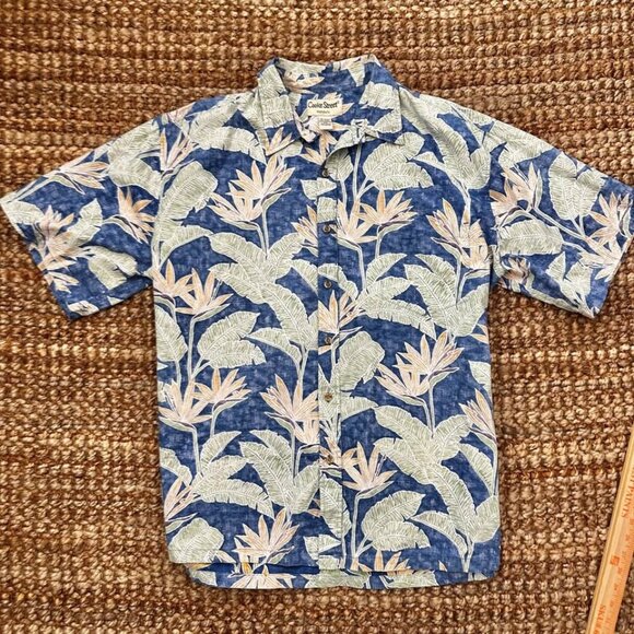 Cooke Street Hawaiian Luau Short Sleeve Shirt Blue Leaves Bird of Paradise (2XL) - Picture 1 of 5